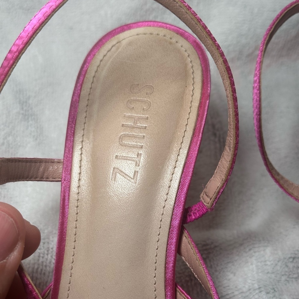 SCHUTZ Cosette Fuchsia Satin Slingback Pointed Toe Heel Sandals Black Bow Size 8 - Picture 3 of 7